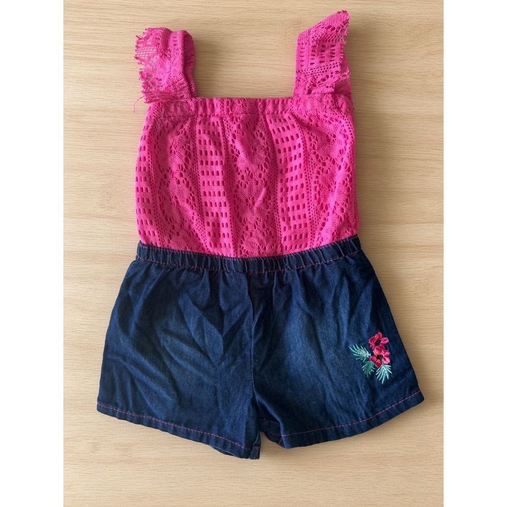 Limited Too Baby Girl Pink Lace Denim Romper Floral Embroidery 12M